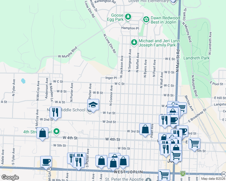 map of restaurants, bars, coffee shops, grocery stores, and more near 306 N Connor Ave in Joplin