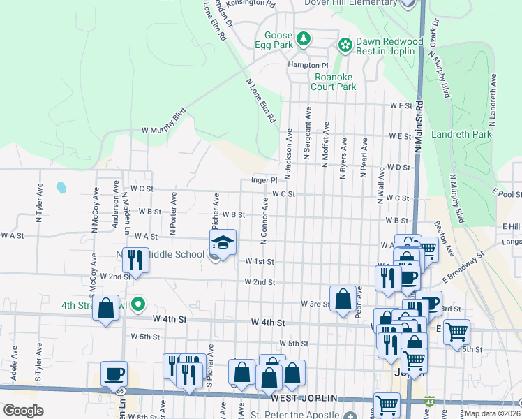 map of restaurants, bars, coffee shops, grocery stores, and more near 306 North Connor Avenue in Joplin