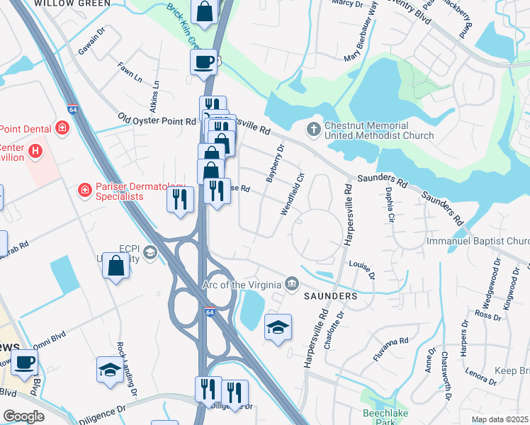 map of restaurants, bars, coffee shops, grocery stores, and more near 105 Bayberry Drive in Newport News
