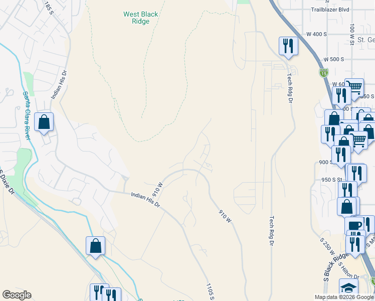 map of restaurants, bars, coffee shops, grocery stores, and more near Temple Quarry Trail in St. George