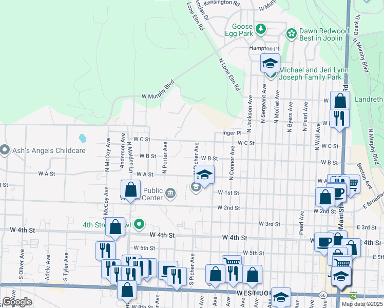map of restaurants, bars, coffee shops, grocery stores, and more near 304 North Picher Avenue in Joplin