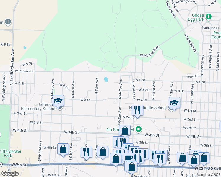 map of restaurants, bars, coffee shops, grocery stores, and more near 1911 West B Street in Joplin