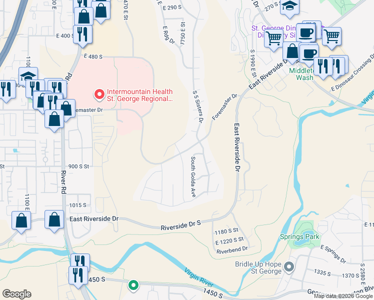 map of restaurants, bars, coffee shops, grocery stores, and more near Foremaster Drive in St. George