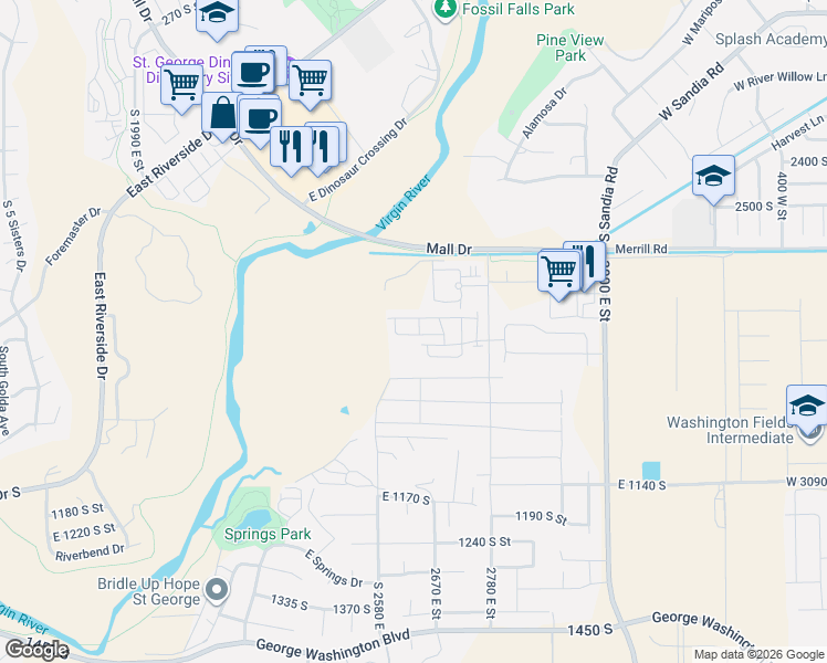 map of restaurants, bars, coffee shops, grocery stores, and more near 1201 S 2580 E in St George