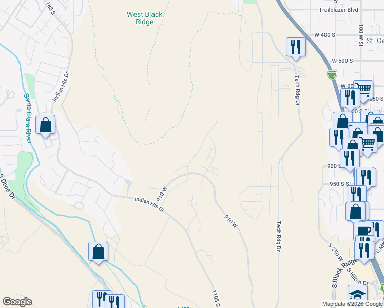 map of restaurants, bars, coffee shops, grocery stores, and more near Temple Quarry Trail in St. George