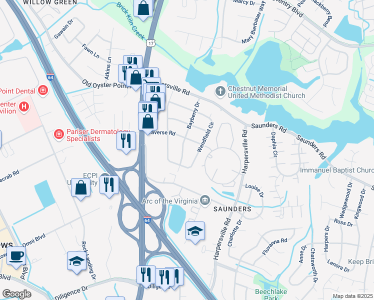 map of restaurants, bars, coffee shops, grocery stores, and more near 105 Bayberry Drive in Newport News