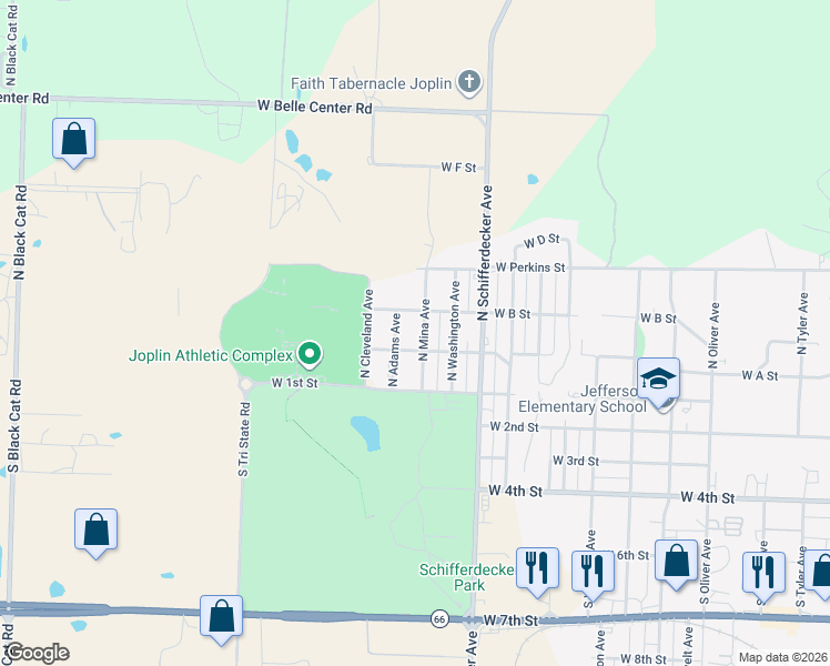 map of restaurants, bars, coffee shops, grocery stores, and more near 216 North Mina Avenue in Joplin
