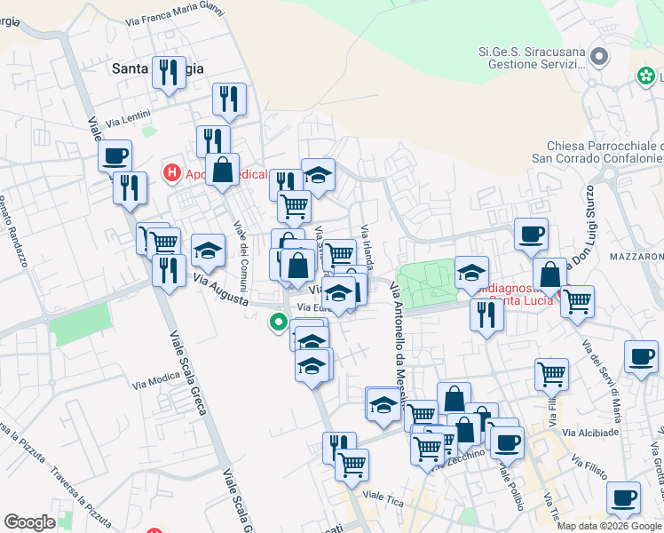 map of restaurants, bars, coffee shops, grocery stores, and more near 9 Via Lussemburgo in Siracusa