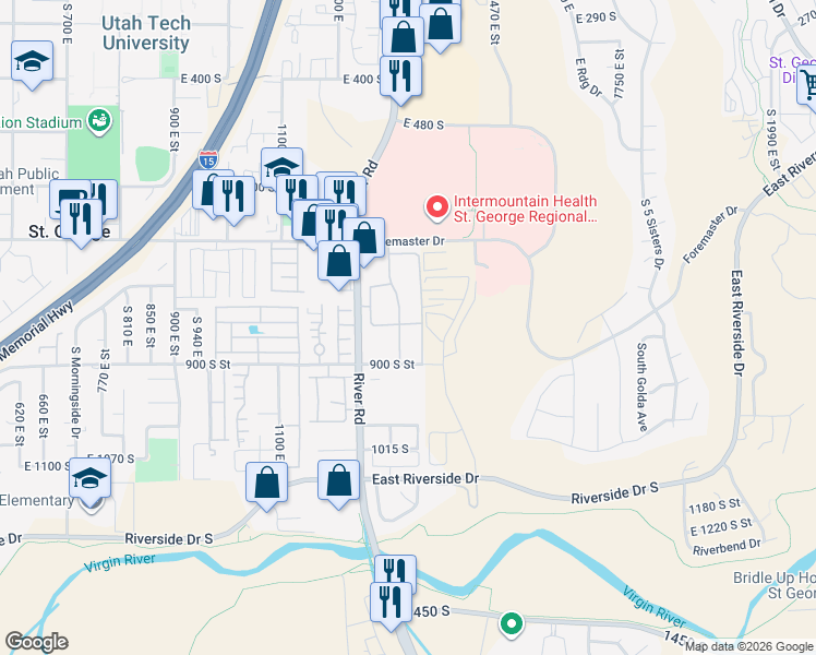 map of restaurants, bars, coffee shops, grocery stores, and more near 805 South River Road in St. George