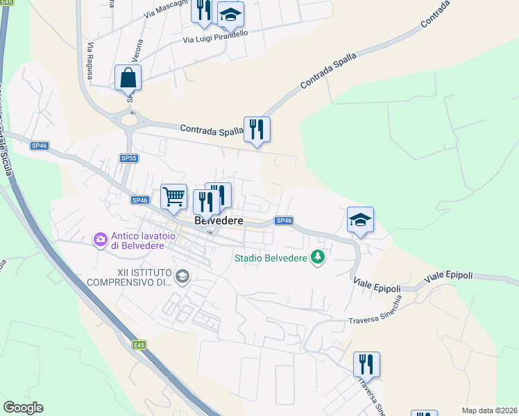 map of restaurants, bars, coffee shops, grocery stores, and more near Via Goffredo Mameli in Belvedere