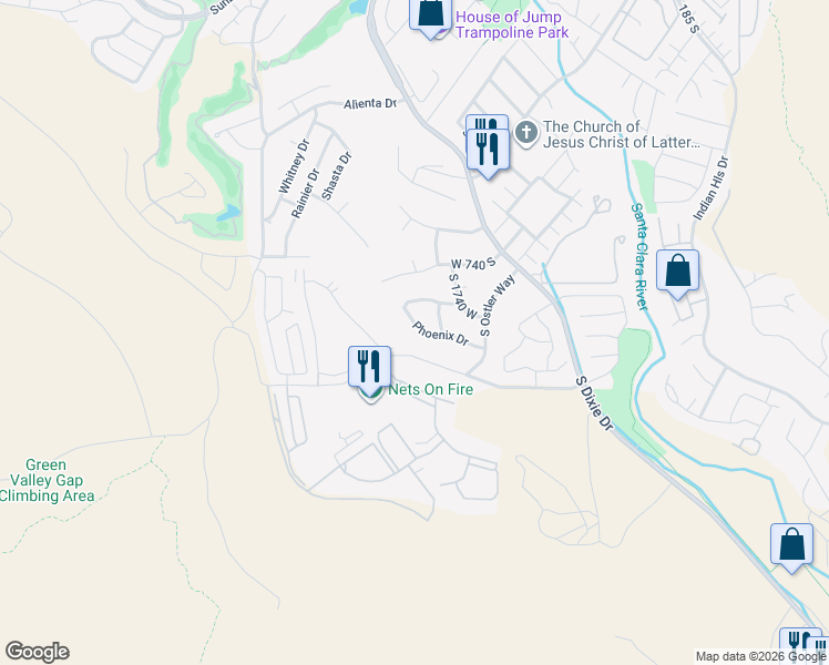 map of restaurants, bars, coffee shops, grocery stores, and more near 1803 Phoenix Drive in St. George