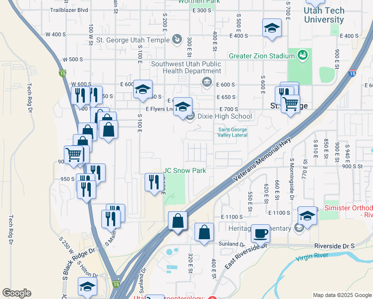 map of restaurants, bars, coffee shops, grocery stores, and more near 840 South 400 East in St. George