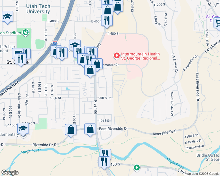 map of restaurants, bars, coffee shops, grocery stores, and more near 805 South River Road in St. George