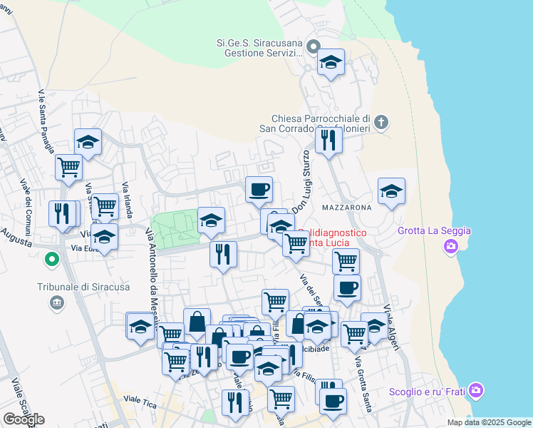 map of restaurants, bars, coffee shops, grocery stores, and more near 4 Via Don Luigi Sturzo in Syracuse