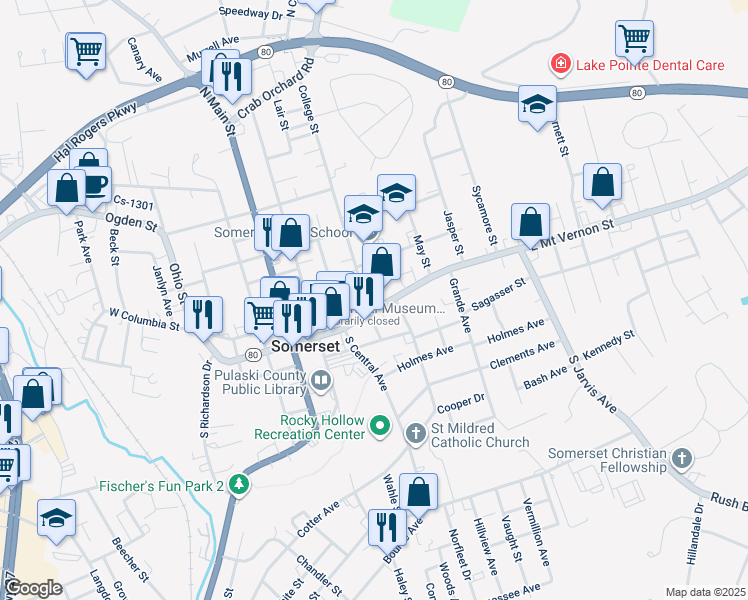 map of restaurants, bars, coffee shops, grocery stores, and more near 400 East Mount Vernon Street in Somerset