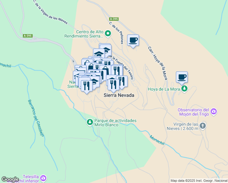 map of restaurants, bars, coffee shops, grocery stores, and more near 79 Calle de la Virgen de las Nieves in Sierra Nevada