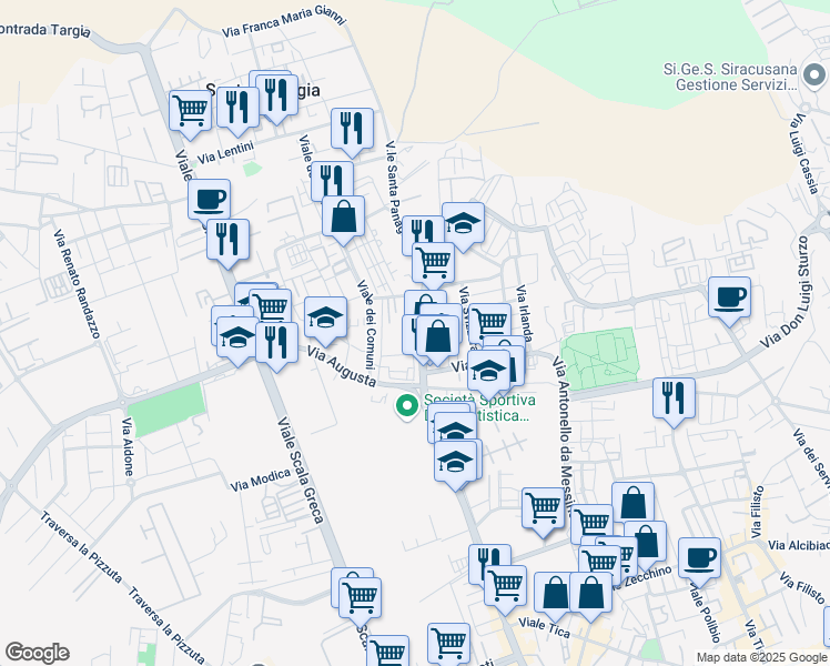 map of restaurants, bars, coffee shops, grocery stores, and more near Via Adrano in Syracuse