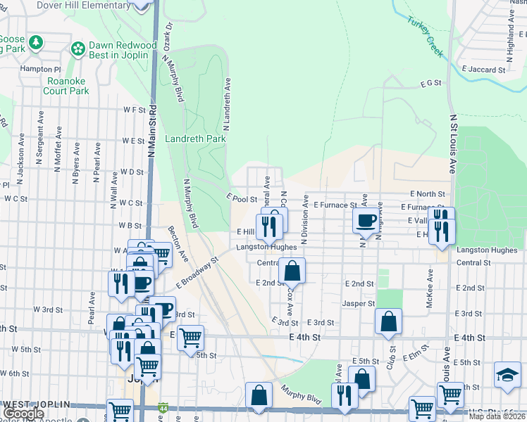 map of restaurants, bars, coffee shops, grocery stores, and more near 312 North Mineral Avenue in Joplin
