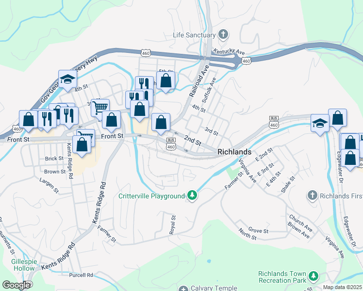 map of restaurants, bars, coffee shops, grocery stores, and more near 102 Suffolk Avenue in Richlands