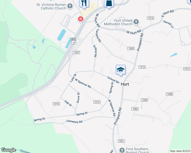 map of restaurants, bars, coffee shops, grocery stores, and more near 217 School Road in Hurt