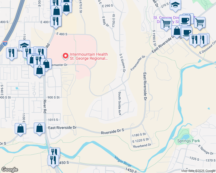 map of restaurants, bars, coffee shops, grocery stores, and more near 1728 Ridgeline Circle in St. George