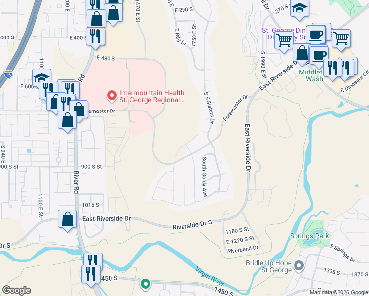 map of restaurants, bars, coffee shops, grocery stores, and more near Foremaster Dr in St George