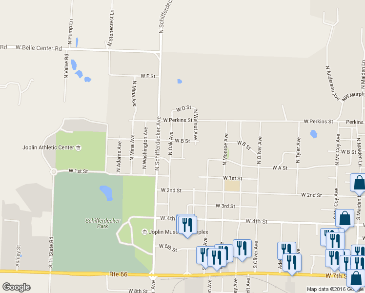 map of restaurants, bars, coffee shops, grocery stores, and more near 224 North Maple Avenue in Joplin