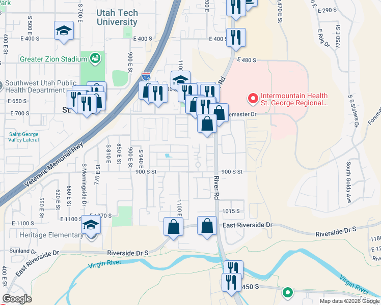map of restaurants, bars, coffee shops, grocery stores, and more near 8 1055 East in St. George