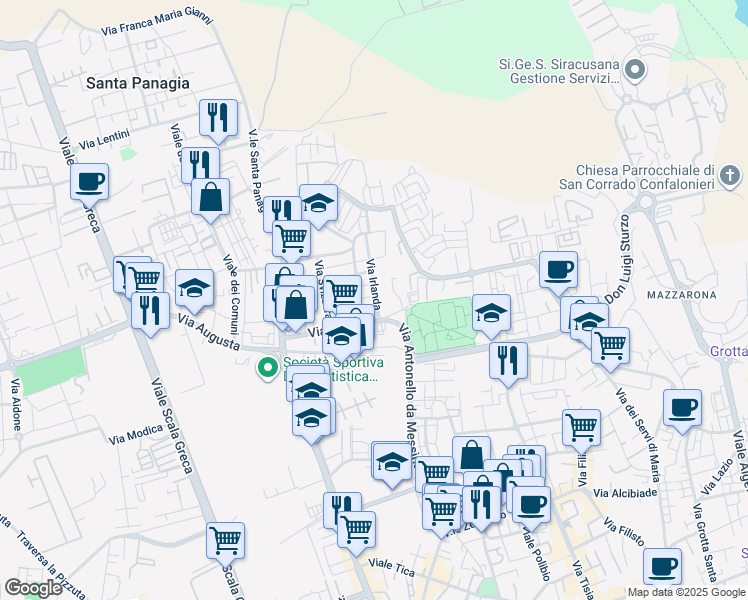 map of restaurants, bars, coffee shops, grocery stores, and more near 5 Via Irlanda in Siracusa
