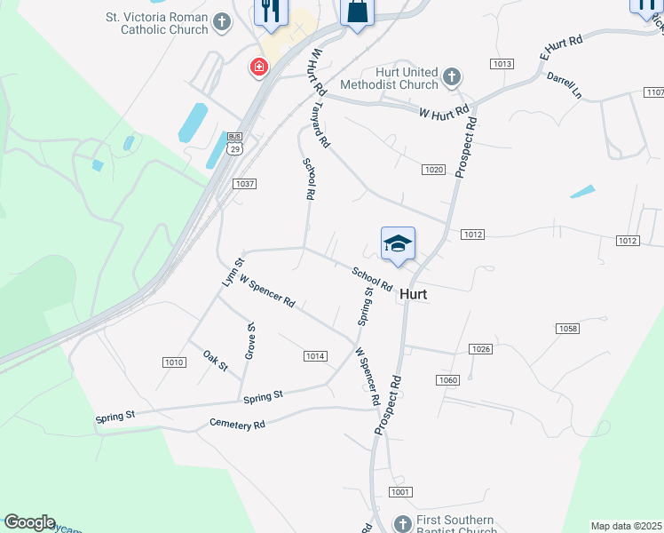 map of restaurants, bars, coffee shops, grocery stores, and more near 211 School Road in Hurt