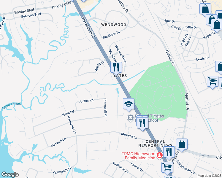 map of restaurants, bars, coffee shops, grocery stores, and more near 239 Lisa Drive in Newport News