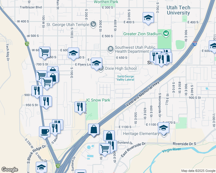 map of restaurants, bars, coffee shops, grocery stores, and more near 840 South 400 East in St. George