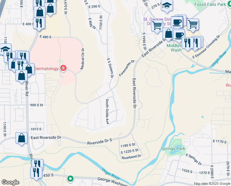 map of restaurants, bars, coffee shops, grocery stores, and more near 851 South 5 Sisters Drive in St. George