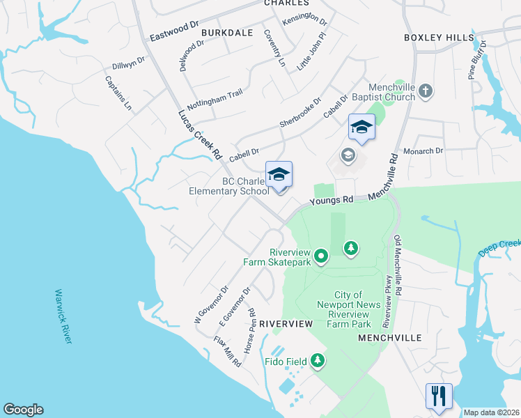 map of restaurants, bars, coffee shops, grocery stores, and more near 52 Hardwick Road in Newport News