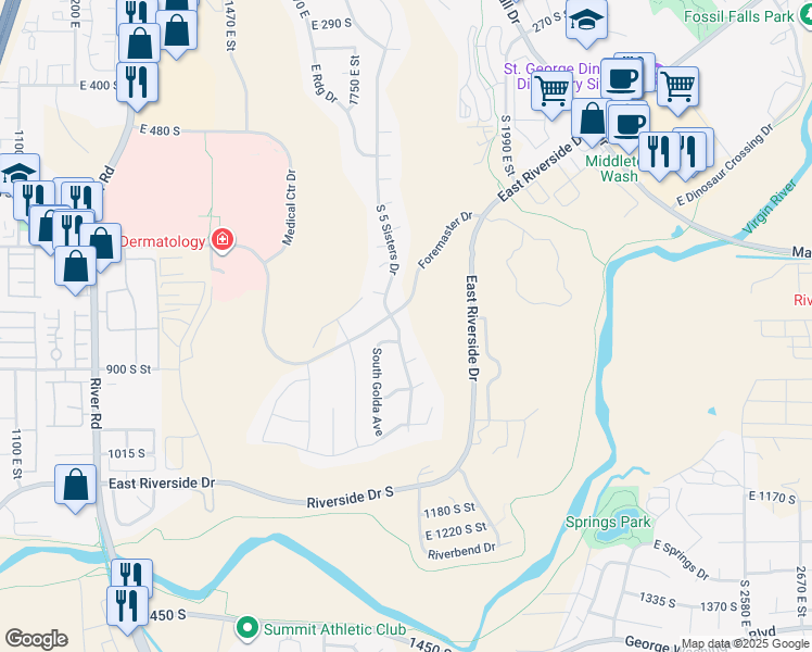 map of restaurants, bars, coffee shops, grocery stores, and more near 851 South 5 Sisters Drive in St. George