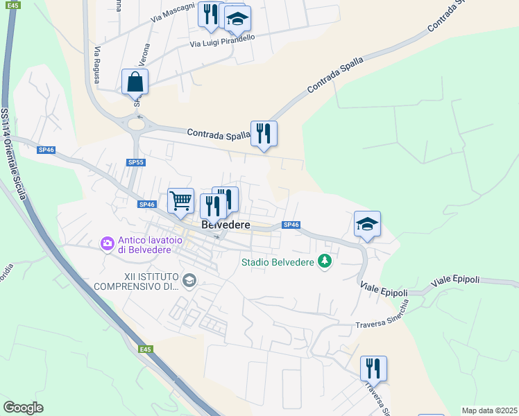 map of restaurants, bars, coffee shops, grocery stores, and more near Via Goffredo Mameli in Belvedere