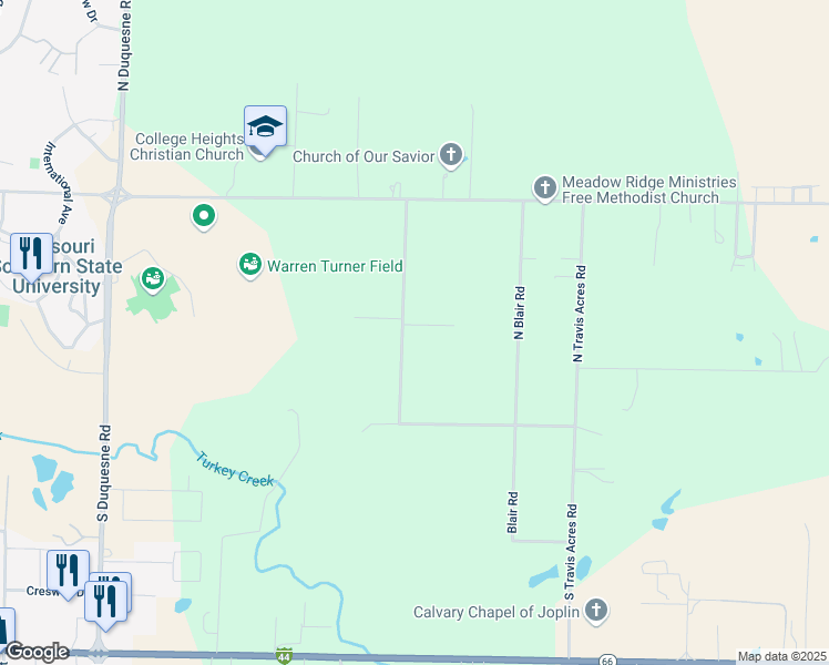 map of restaurants, bars, coffee shops, grocery stores, and more near 4414 East Chipmunk Lane in Joplin