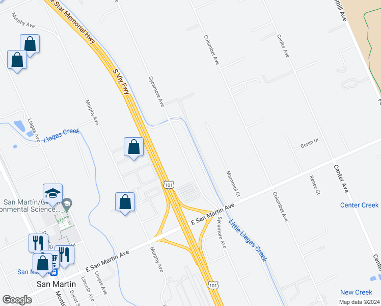 map of restaurants, bars, coffee shops, grocery stores, and more near 13640 Sycamore Avenue in San Martin