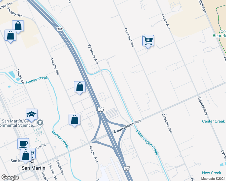 map of restaurants, bars, coffee shops, grocery stores, and more near 13640 Sycamore Avenue in San Martin