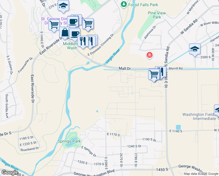 map of restaurants, bars, coffee shops, grocery stores, and more near 1201 S 2580 E in St George