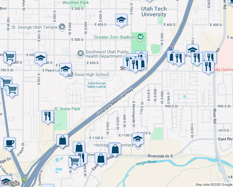 map of restaurants, bars, coffee shops, grocery stores, and more near 602 Concord Way in Saint George