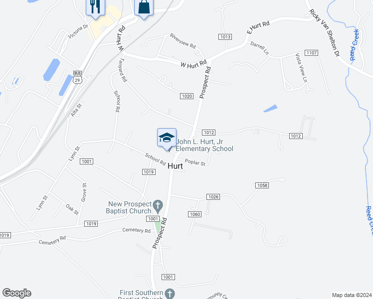 map of restaurants, bars, coffee shops, grocery stores, and more near 310 Prospect Road in Hurt