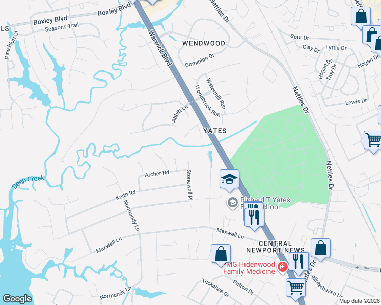 map of restaurants, bars, coffee shops, grocery stores, and more near 122 Stonewall Place in Newport News