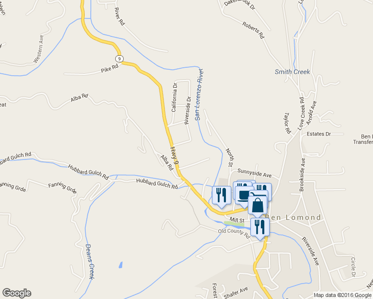 map of restaurants, bars, coffee shops, grocery stores, and more near 156 Jacobson Lane in Ben Lomond