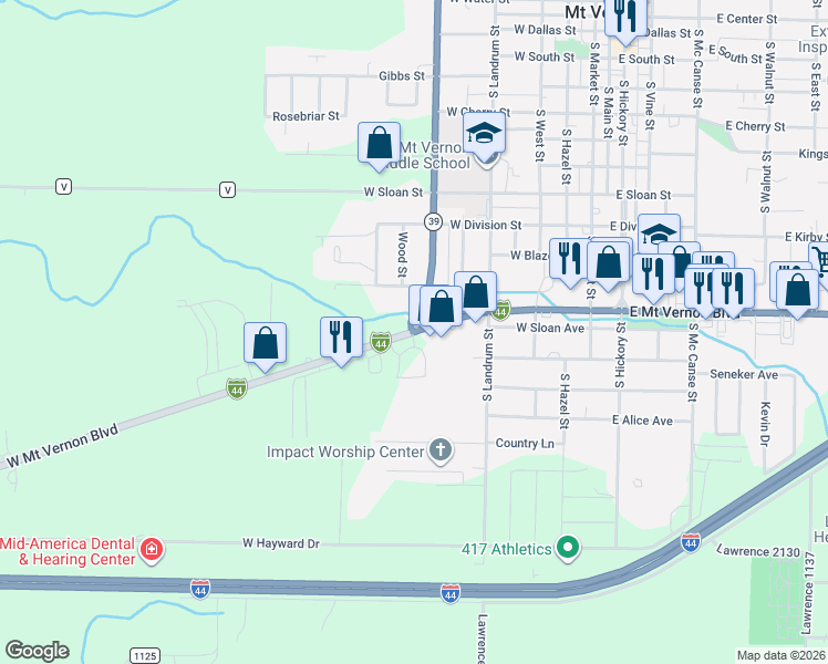 map of restaurants, bars, coffee shops, grocery stores, and more near Interstate 44 Business in Mount Vernon