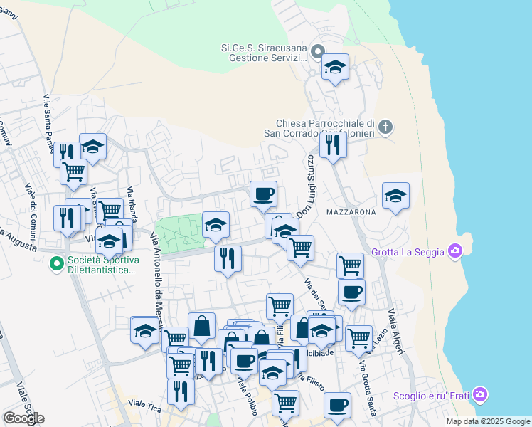 map of restaurants, bars, coffee shops, grocery stores, and more near 13 Via Michele Bonanno in Siracusa
