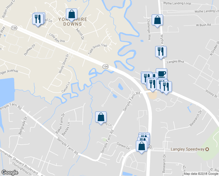map of restaurants, bars, coffee shops, grocery stores, and more near 4903 Falcon Creek Way in Hampton