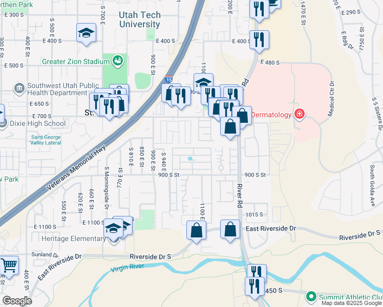 map of restaurants, bars, coffee shops, grocery stores, and more near 1055 East 900 South in St. George