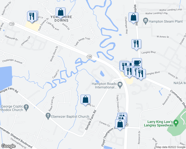 map of restaurants, bars, coffee shops, grocery stores, and more near 4903 Falcon Creek Way in Hampton