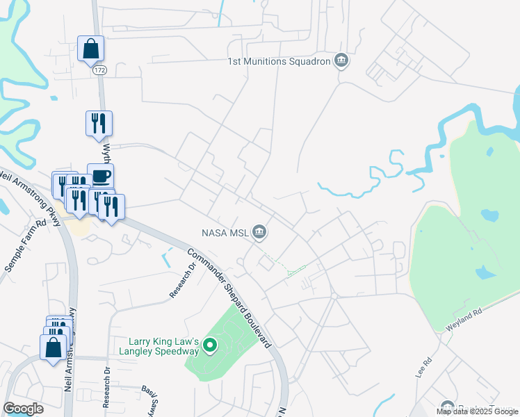 map of restaurants, bars, coffee shops, grocery stores, and more near Langley Boulevard in Hampton